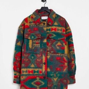 ASOS Multicolor Printed Wool-Blend Coat Jacket in Green, Red & Mustard